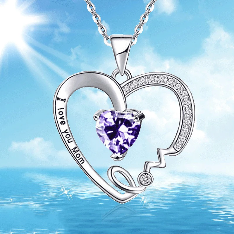 

"I Love Mom"Lettering Amethyst Heart Pendant Necklace Women Girl Silver Color Necklace Choker Fashion Jewelry For Mother's Day