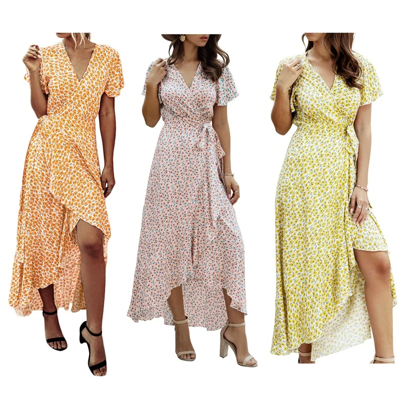 

Summer Beach Daisy Flower Print Bohemian Long Dress Ruffled Casual V-Neck Sexy Party Dress