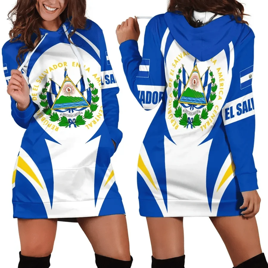 

El Salvador Flag Hoodie Dress Women Hoodie Dress 2023 3D Print Long Sleeve Hoodie Casual Hooded Sweater Tops Women