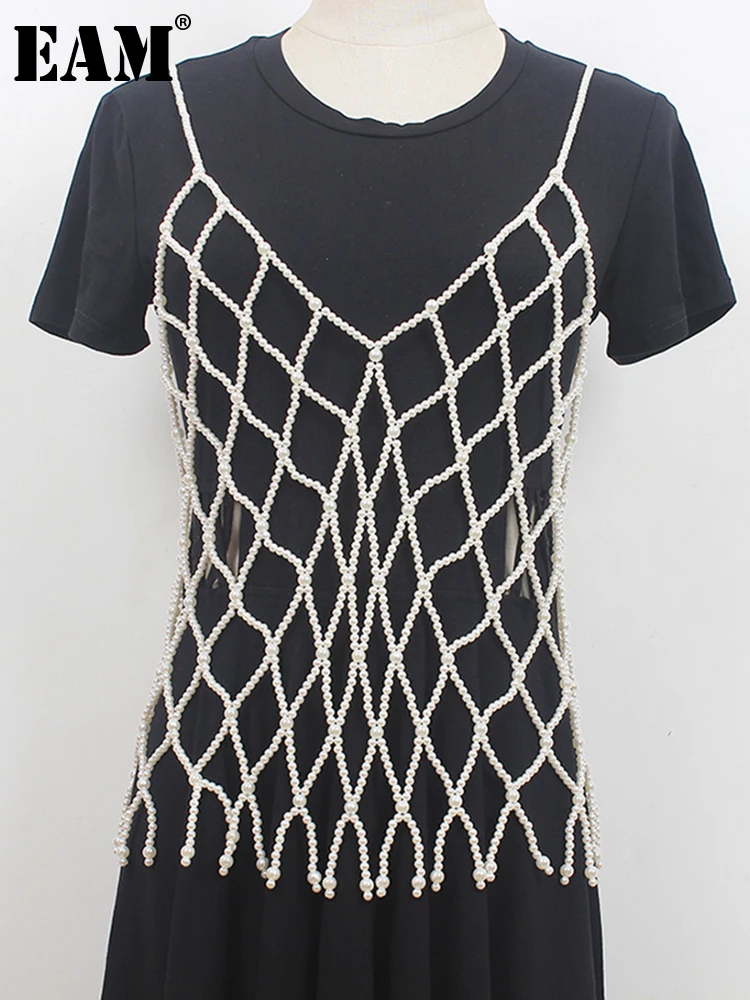 

[EAM] Women Loose Fit White Pearl Hollow Out Casual Vest New V-collar Sleeveless Fashion Tide Spring Summer 2022 1DE0777