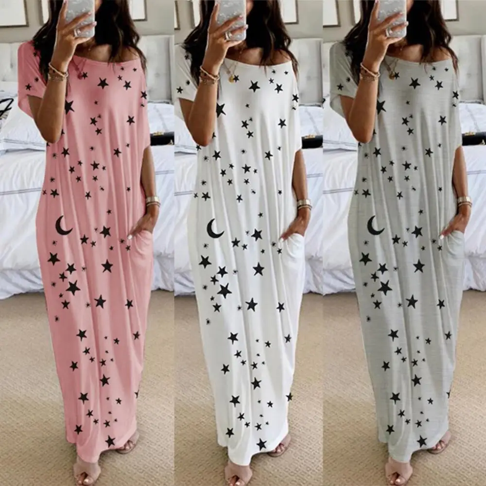 

Women Casual Short Sleeve Stars Moon Print One Shoulder Pockets Loose Long Dress