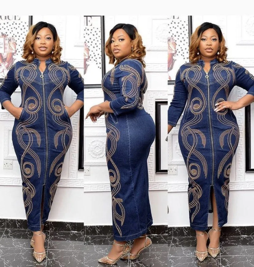 

Plus Size Casual African Denim Dresses for Women Summer Luxurious Lady Diamond Wedding Party Dress Sexy Female Autumn Bodycon