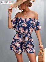 wayoflove summer woman playsuits flower printed sexy off shoulder slim romper jumpsuit women short sleeve holiday beach playsuit