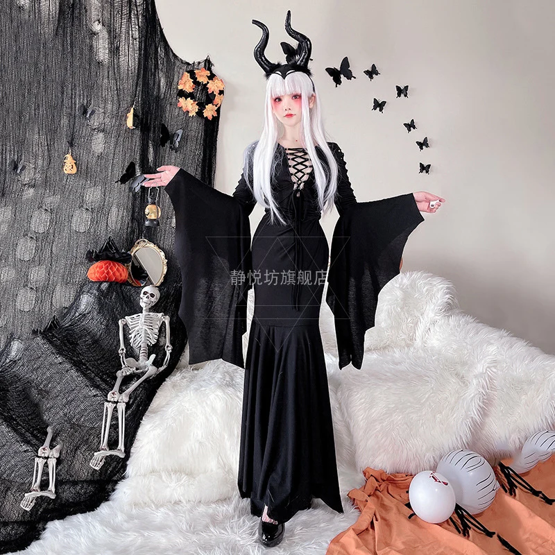 

Halloween Costume for Women Witch Cosplay Magic Queen Robe Gothic Style Bat Vampire Dress Collar Hat Female Masquerade Vestidos
