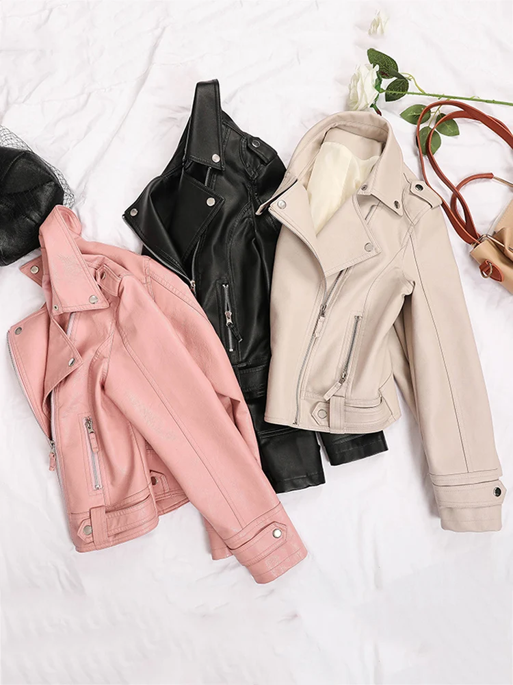 Women Faux Leather Jacket Beige Casual Slim Motorcycle Biker Leather Coat Female Punk Streetwear Spring Autumn Jackets