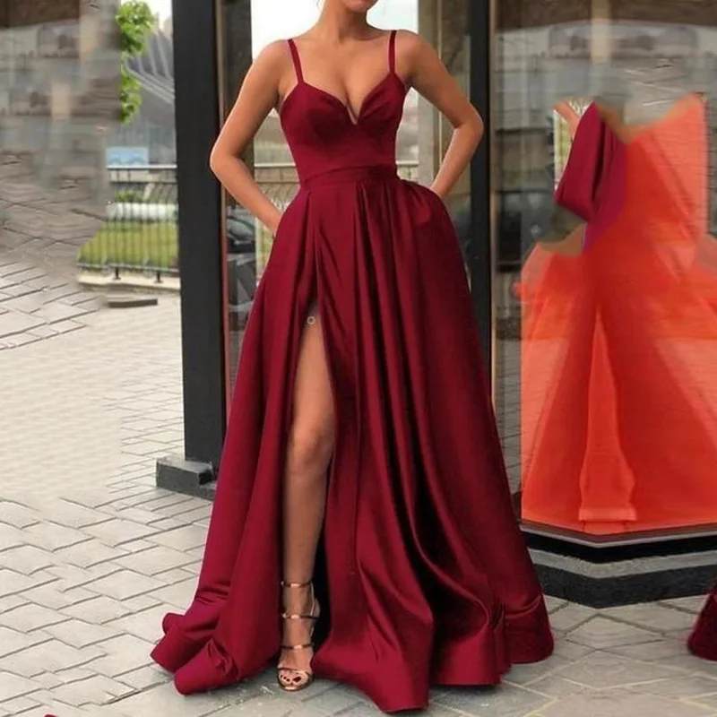 2022 New Women Elegant Party Wedding Long Dresses Lady Chic Satin Sexy V-Neck Long Skirt Tail Solid Color Banquet Evening Dress