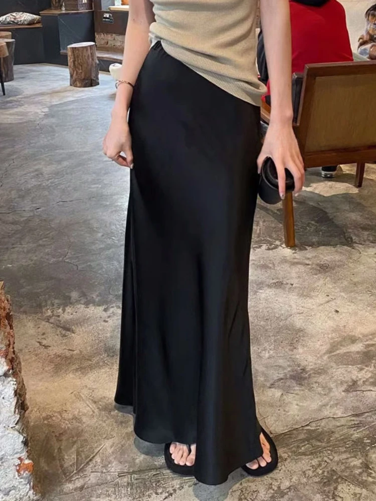 Элегантная черная атласная юбка HOUZHOU женская модная уличная Тонкая шелковая