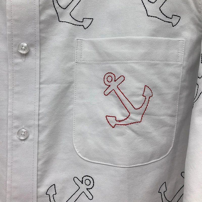 TB THOM Shirt England Style Boat Anchor Pattern Cotton Men's Spring Causal Office Long Sleeve Male Social Dress Shirts