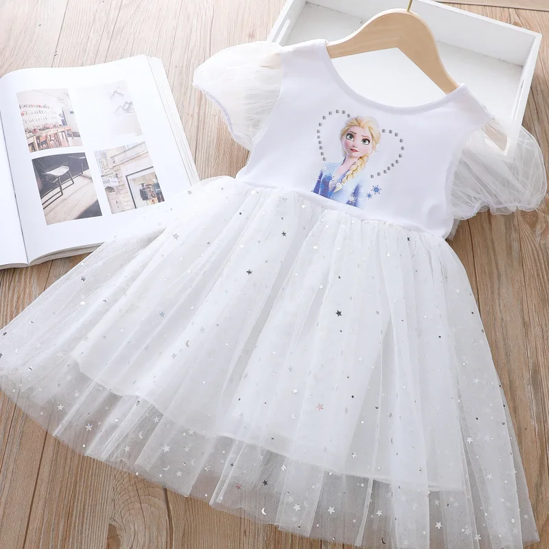 

Vestidos Mesh Party Toddler Children Outfits Fashion Frozen Princess Elsa Short Sleeve Dresses Elegant Kids Costume for Girls