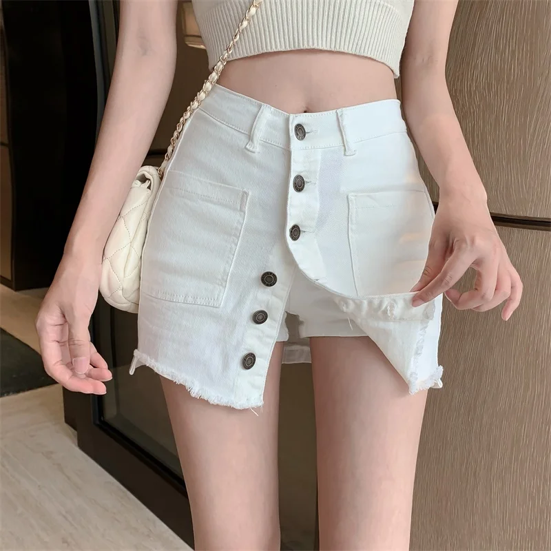 

Breasted high waist bag buttocks denim slimming skirt pants women