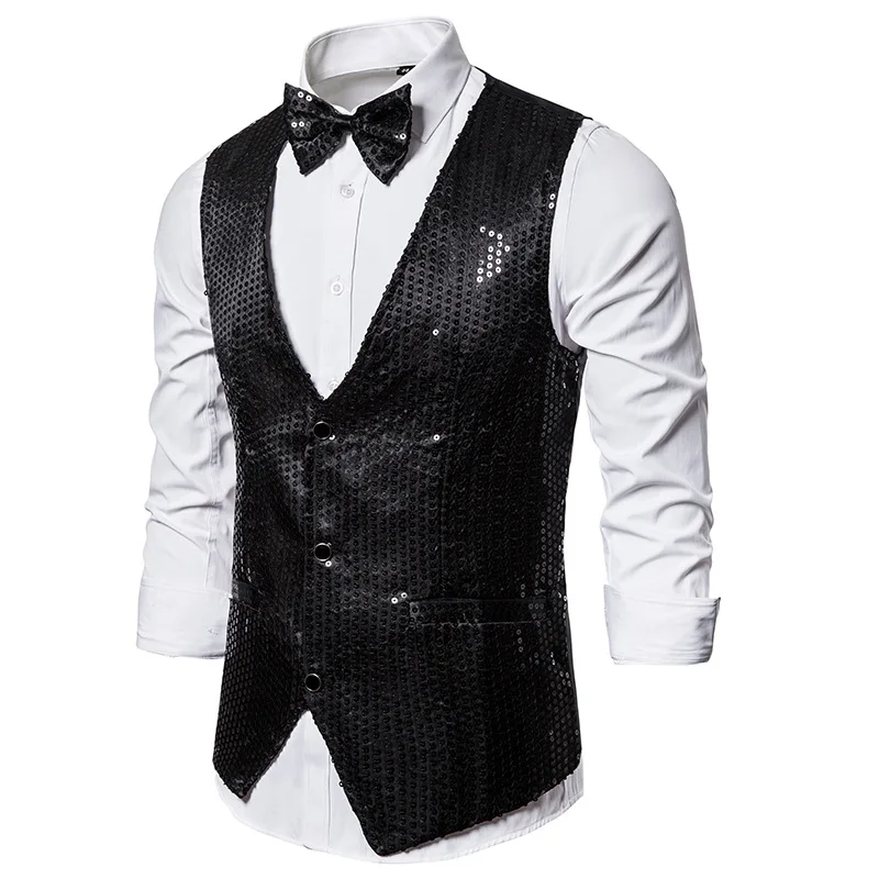 

Mens Suit Vest Black Sequins DJ Nightclub Vest 2022 Brand Waistcoat Men Party Stage Singers Suit Vests Colete Social Masculino