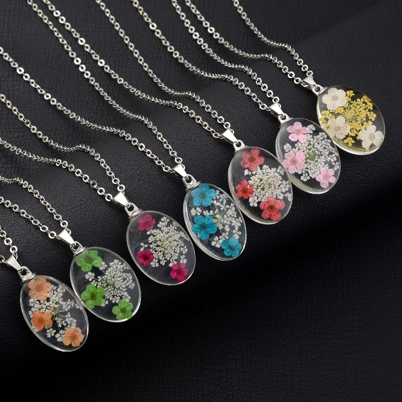 Oval Real Dried Flower Petal Glass Alloy Chain Necklace Daisy Hibiscus Blossom Inside Dangle Pendant Necklace for Women Gift