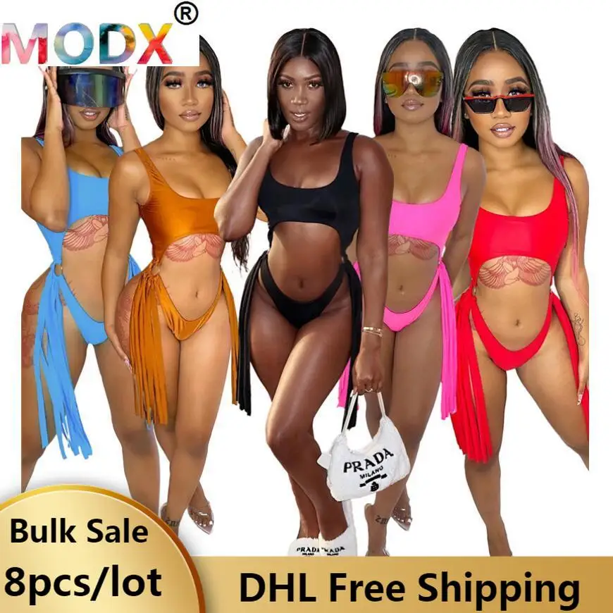 

8 Pcs Bulk Wholesale Sexy Bikini Swimwear One Piece Swimsuit Women Beach Outfits Hollow Bodysuits Tassel Bathing Suit 7039