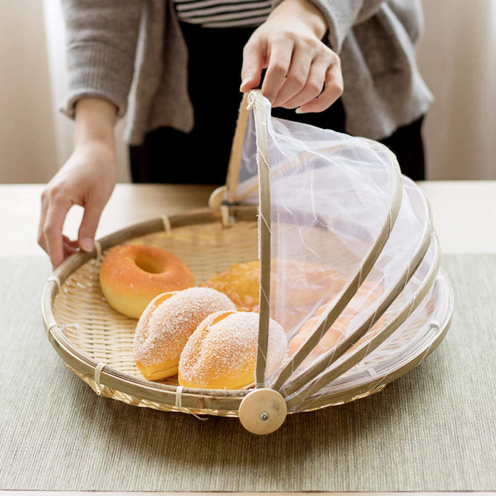

Bamboo Woven Basket Anti-mosquito Net Fruit And Vegetable Basket Dustpan Dust-proof Net Cover Drying Basket Food Picnic Basket
