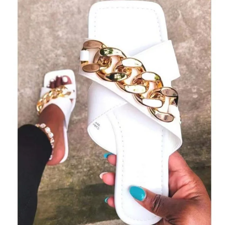 Women Open Toe Big Chain Slippers Candy Colors Buckle Square Toe Flat Casual Slide Ladies Summer Beach Flip Flops large size 43