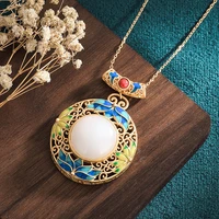 new china style necklace ancient gold plated enamel craft inlaid white round hetian jade lotus flower pendant necklace for women