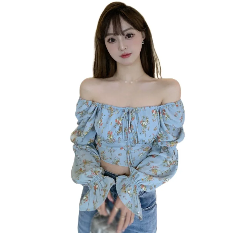 

Women Slim Fit Off Shoulder Floral Blouse Sweet Lace Up Puff Long Sleeve Casual Crop Top Summer Wild Pullover