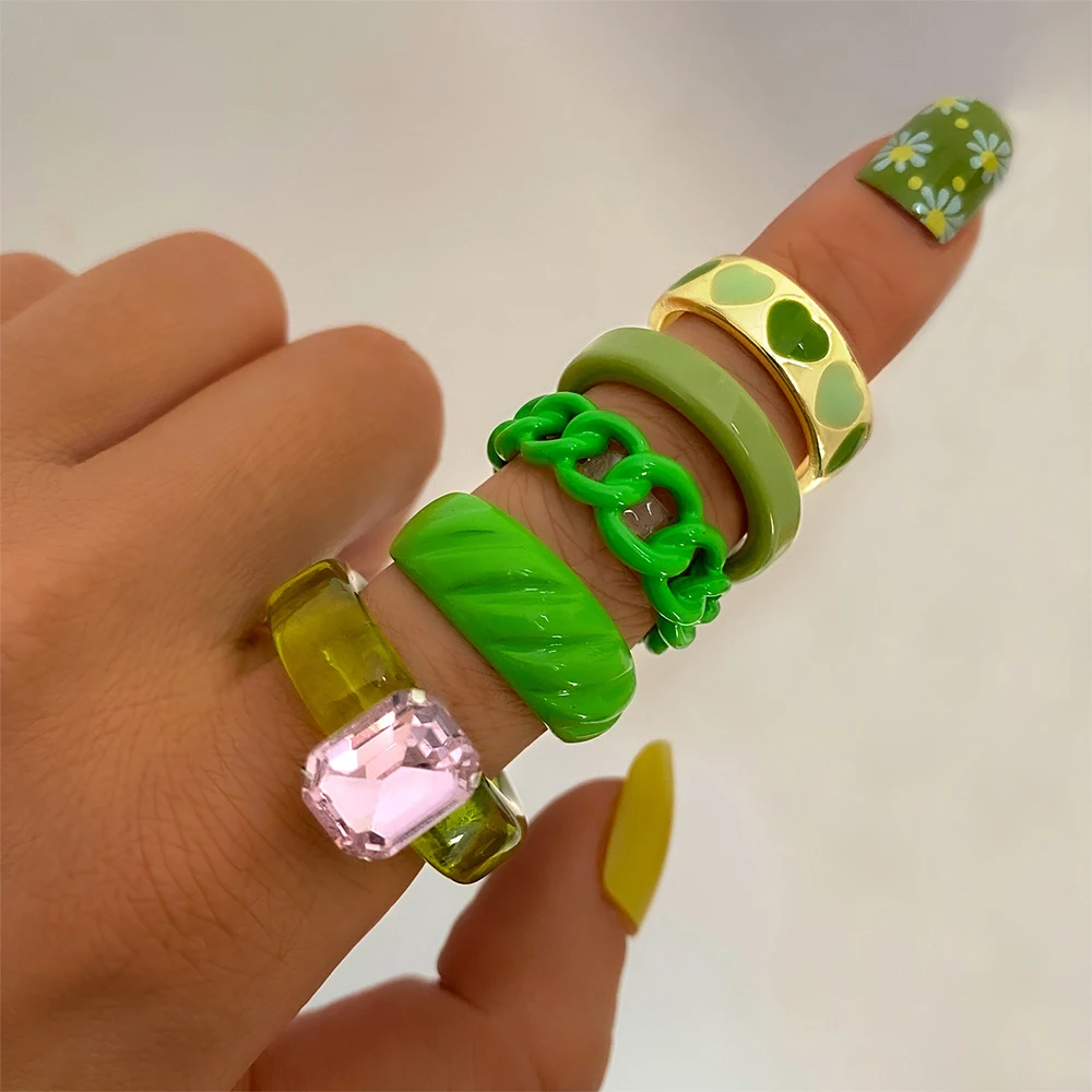 

INS Acrylic Crystals Ring Sets Trendy Aesthetic Colourful Resin Acrylic Rings Set for Women Geometric Round Rings Girl Jewelry