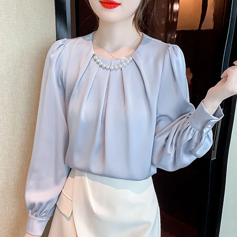 Новая женская блузка с круглым вырезом и бисером белая длинным рукавом рубашка