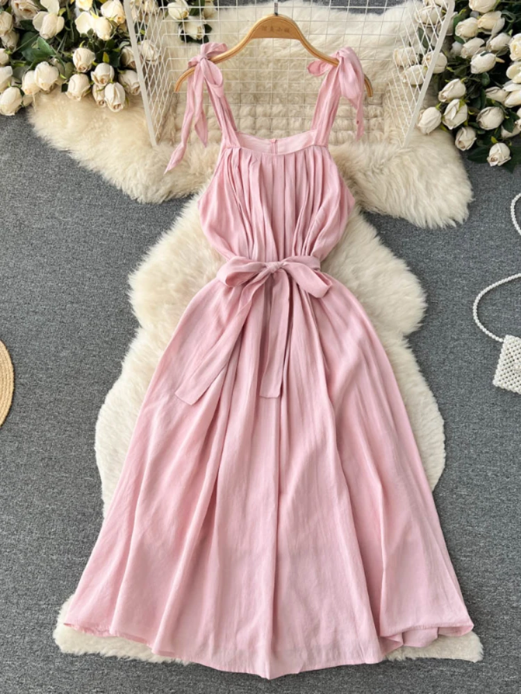 

Women Pink Beach Dress Summer Sleeveless Sweet Korean Dresses 2023 Summer Fashion Boho Loose Midi Dresses Vestidos