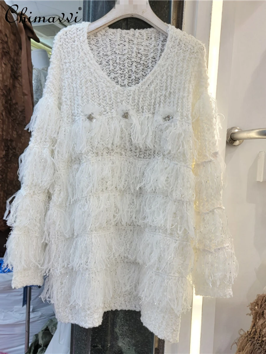 

Осенне-зимняя верхняя одежда изысканный пуловер Стразы с бахромой с V-образным вырезом вязаный Топ женский модный Свободный Тонкий белый св...