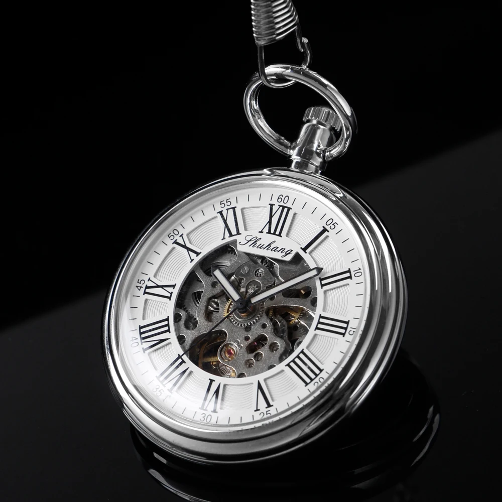 New Bright Silver Roman Digital Mechanical Pocket Watch Retro Hollow Case Analog Skeleton Men's Mechanical Pocket Watch