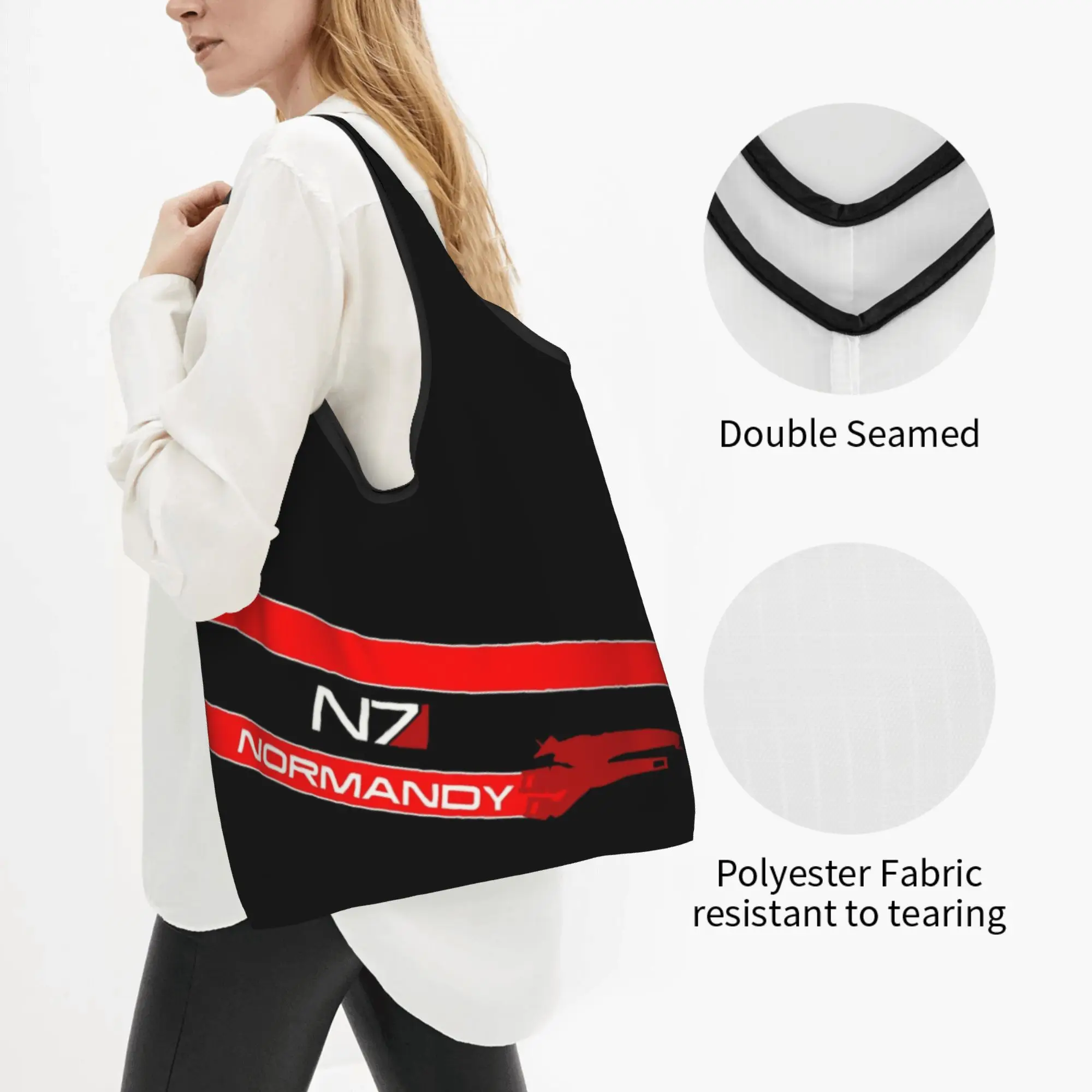 Фото Сумки для покупок Custom Normandy Video Game N7, портативные сумки-шопперы большой вместимости для продуктов, сумки-шопперы в стиле Mass Effect Alliance Military Tote №2