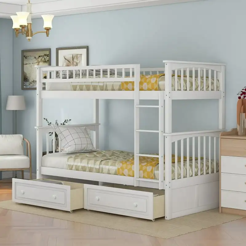 

Wood Bunk Bed with Drawers for Kids Bedroom, White