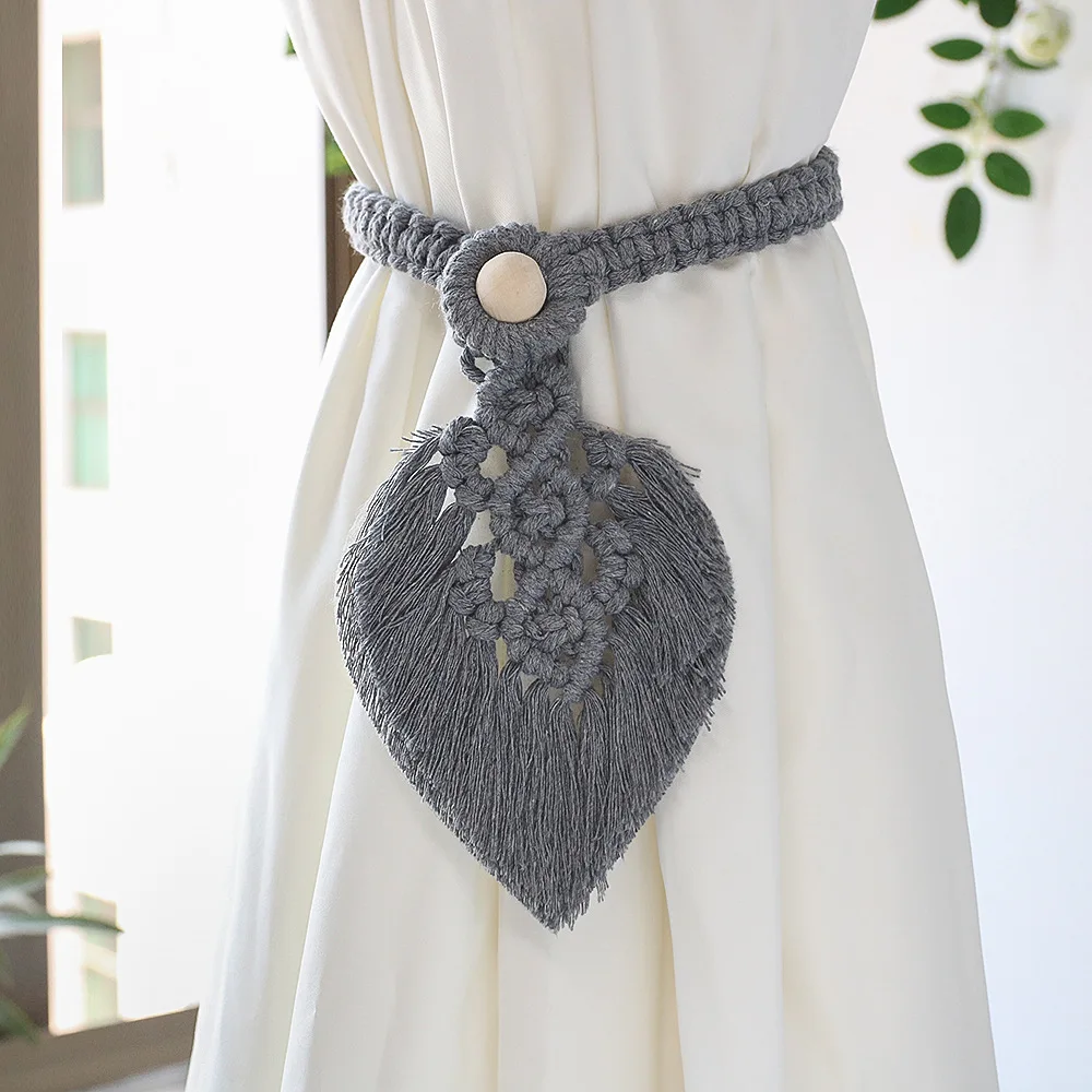 

2PCS Handmade Cotton Rope Boho Curtains Tiebacks Rustic Decor Macrame Leafs Curtain Tassel Tieback