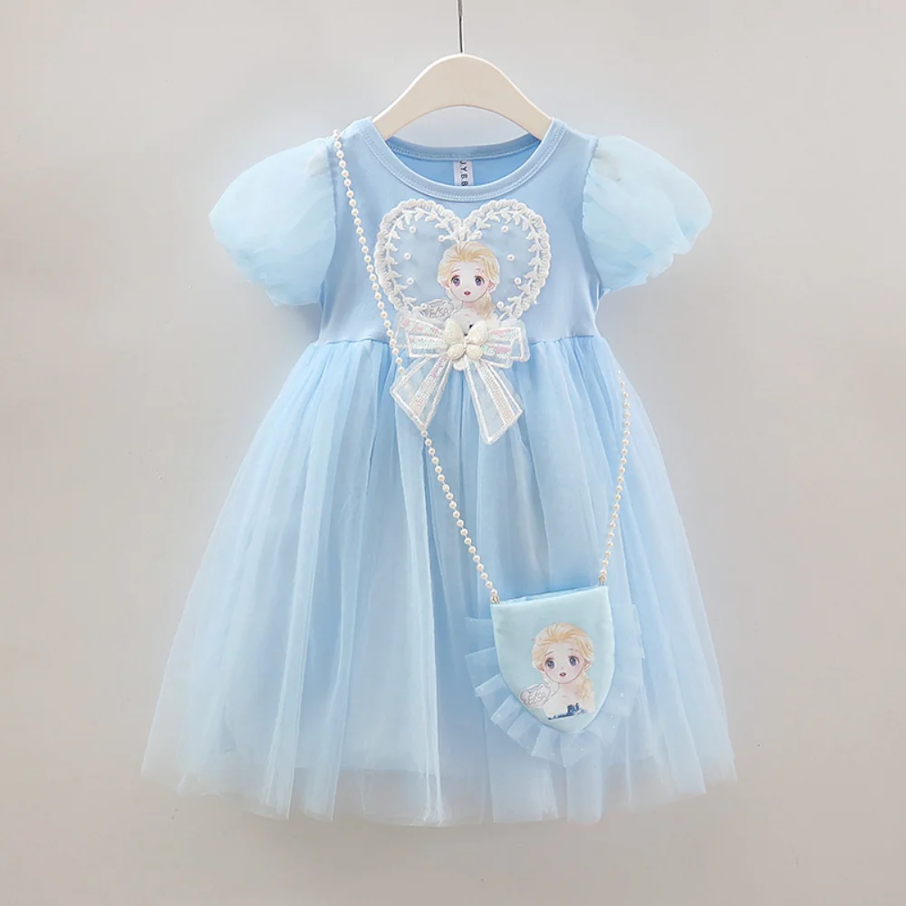 

Children Girls Short Sleeve Elsa Dress Summer Kids 2-11 Years Puff Sleeve Ball Gown Gauze Princess Dresses Gift Pearl Chain Bag