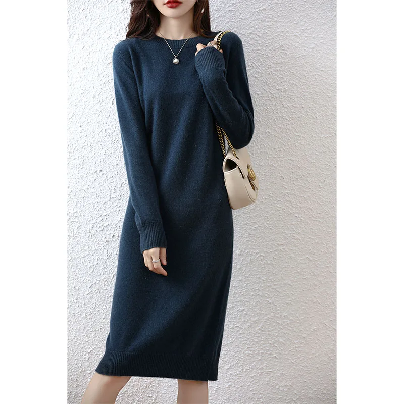 Купи Autumn and Winter New Women's Crew Neck 100% Pure Wool Knitted Dress Long Over Knee Wool Dress Slim Pullover Skirt за 2,876 рублей в магазине AliExpress