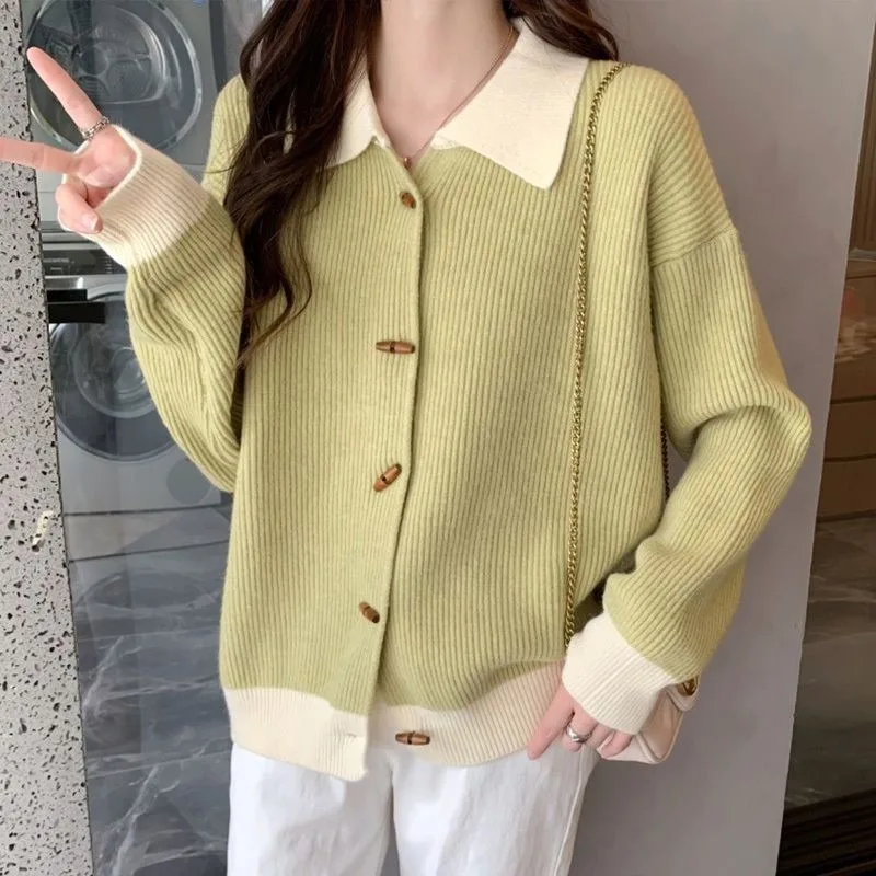 

Женский свитер, пальто, Женский вязаный кардиган на весну и осень, модная верхняя одежда с пуговицами из бычьего рога