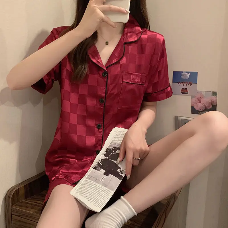 Женская летняя блузка с коротким рукавом, тонкая и удобная, в стиле Ins WeChat, деловая, сетчатая, красная, домашняя одежда