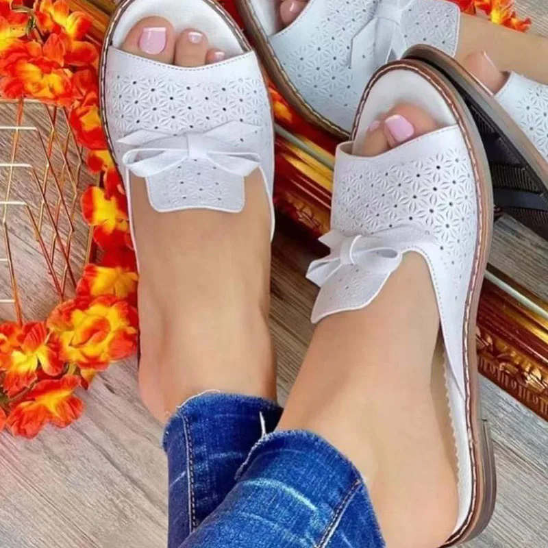 

Women Slippers Butterfly Knot Casual Flats Peep Toe Solid Color Fashion NonSlip Ladies Slides Plus Size Female Footwear 2022