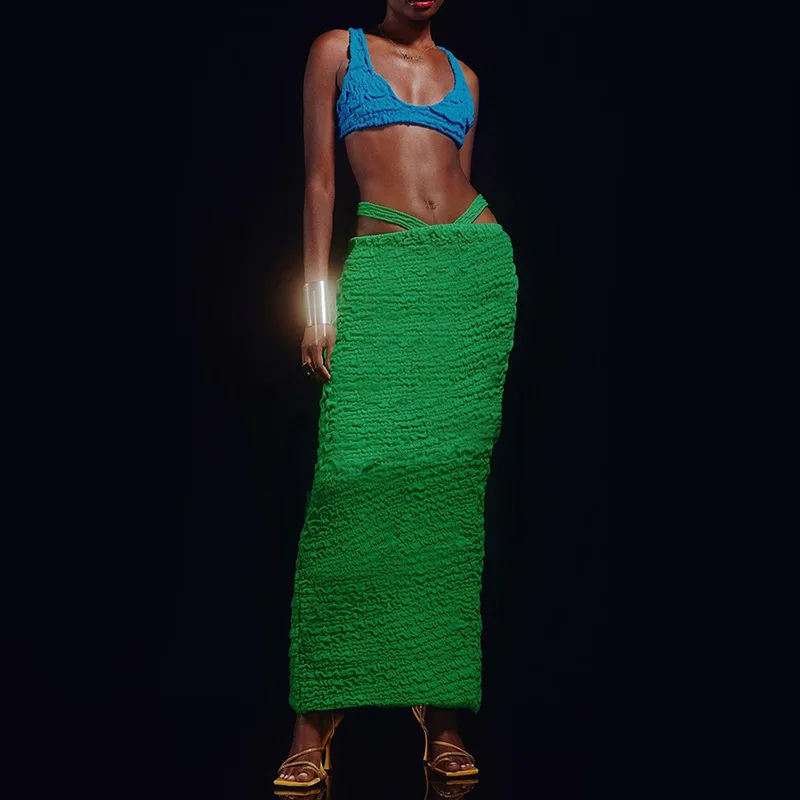 

European And American Style 2022 Summer Women's New Sexy Pleated Stitching Solid Color High Waist And Hip Fitting Long Skirt