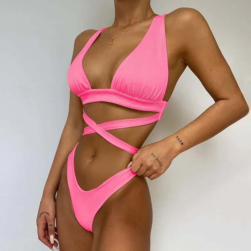 

Solid Cross Bandage Bikini Set Sexy Swimsuit Women Thong Swimwear 2022 Swim Wear Bathing Suit Two Pieces Beachwear