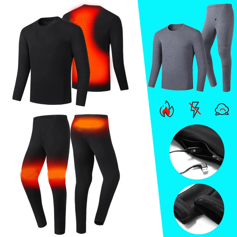 Winter Heated Skiing Underwear Suit Set Warm Fleece Thermal USB Heating Compression Baser Layer Motorcycle Cycling Clothing