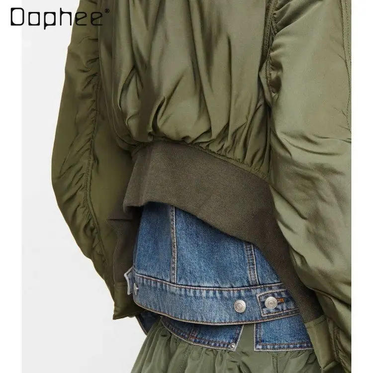 Autumn and Winter New Design Sense Jacket Fro Ladies Loose Color Matching Denim Cotton Jacket Cool Design Trend Coat for Women