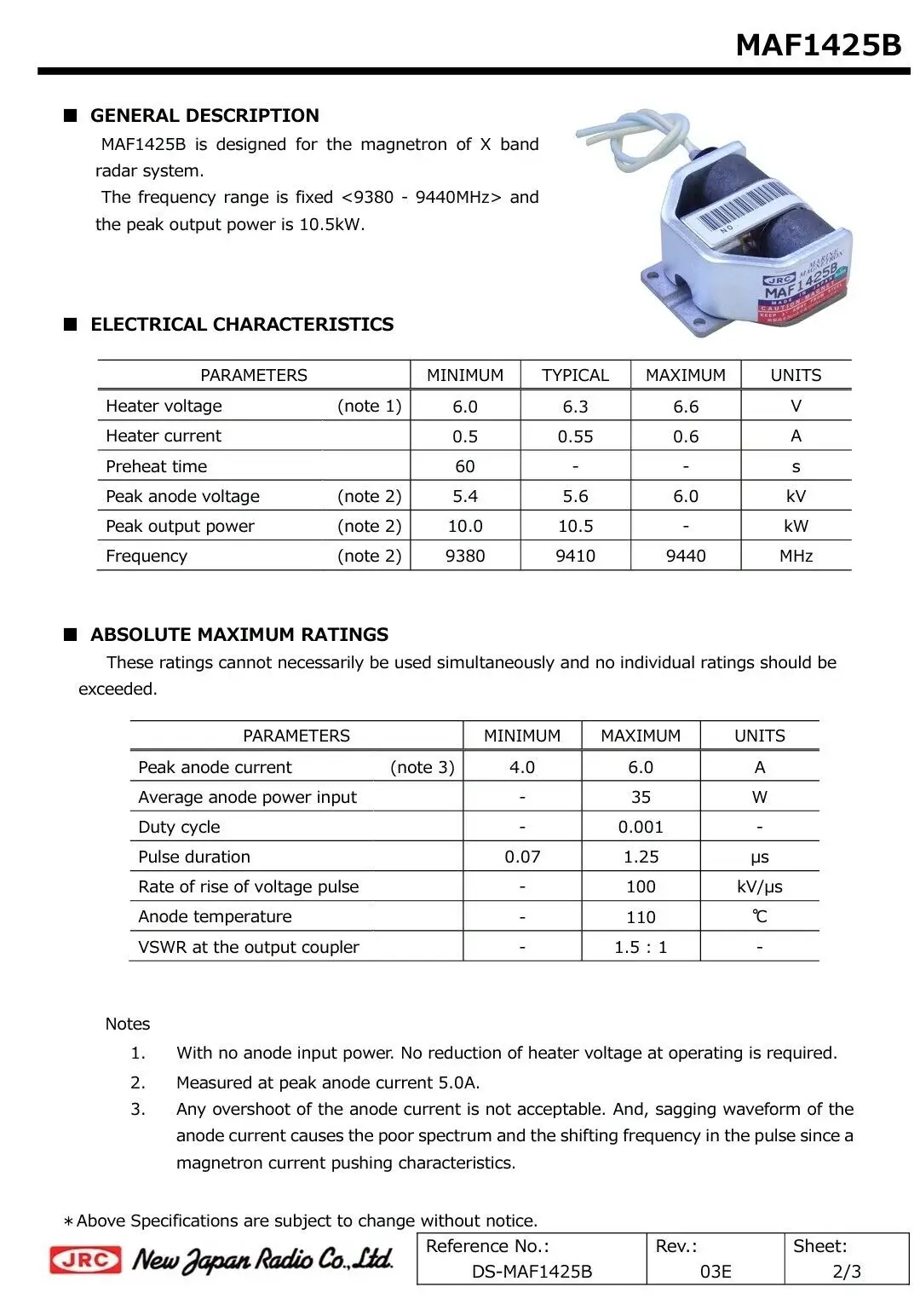 Фото JRC MAF1425B MARINE MAGNETRON — для радара FURUNO Japan Radio Company ГАРАНТИЯ №4