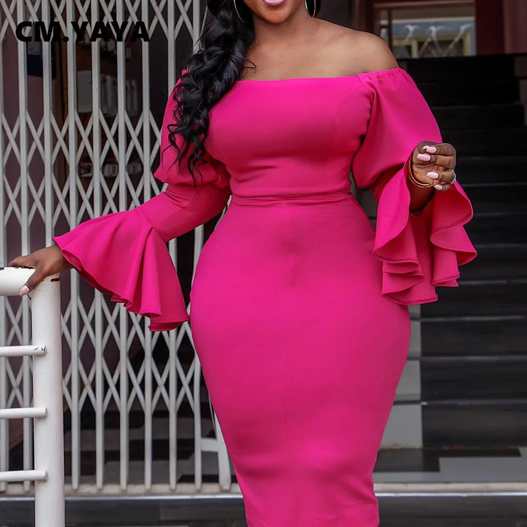 Женское облегающее платье миди CM.YAYA с открытыми плечами расклешенными