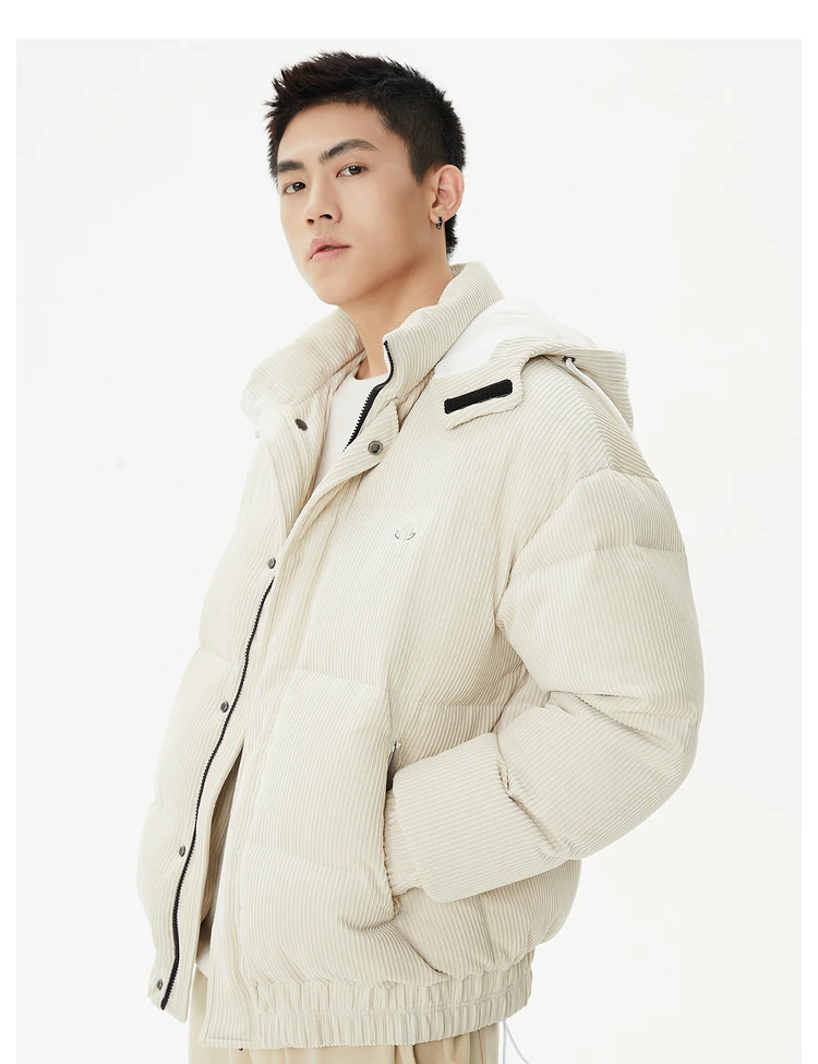 Metersbonwe Men's Corduroy Stand Collar Hoodie Down Jackets 90%Duck Down Warm Wear Loose Thick Solid Color Winter Down Coat