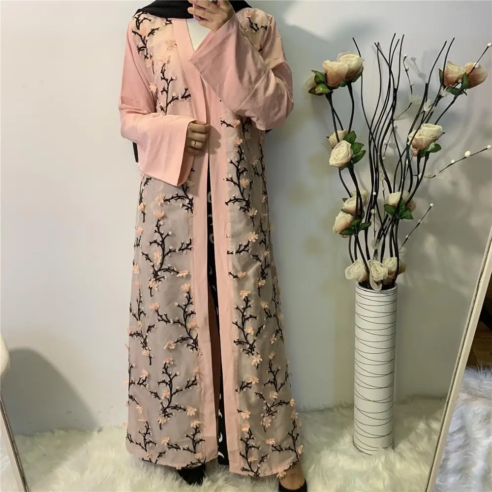 

3D Flowers embroidery muslim opened abaya female full length prayer cardigan kimono islamic cardigan robes with belt F1463
