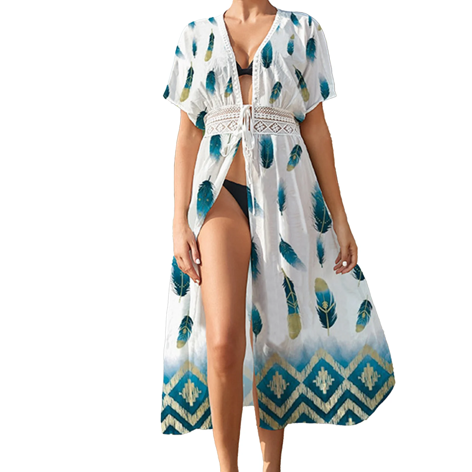 

Women Soft Sexy Swimsuit Cover Up Short Sleeve With Drawstring Deep V Neck Summer Beach Bathing Floral Print Breathable Outdoor