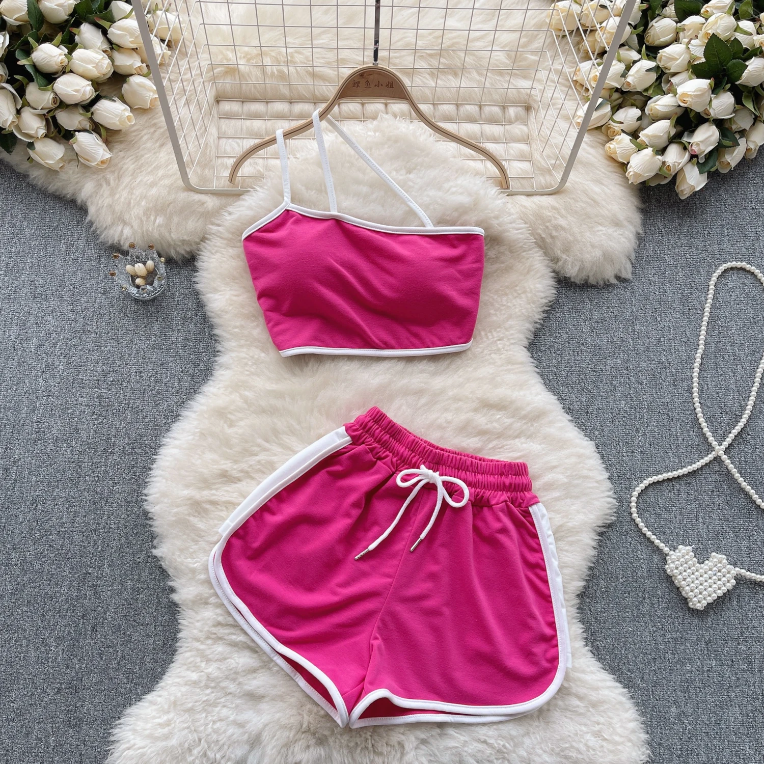 

Sexy Two Pieces Sets Chic Skew CollarCamis Slip Tank Top with High Waist Wide Leg Shorts Beach Vacation Sets
