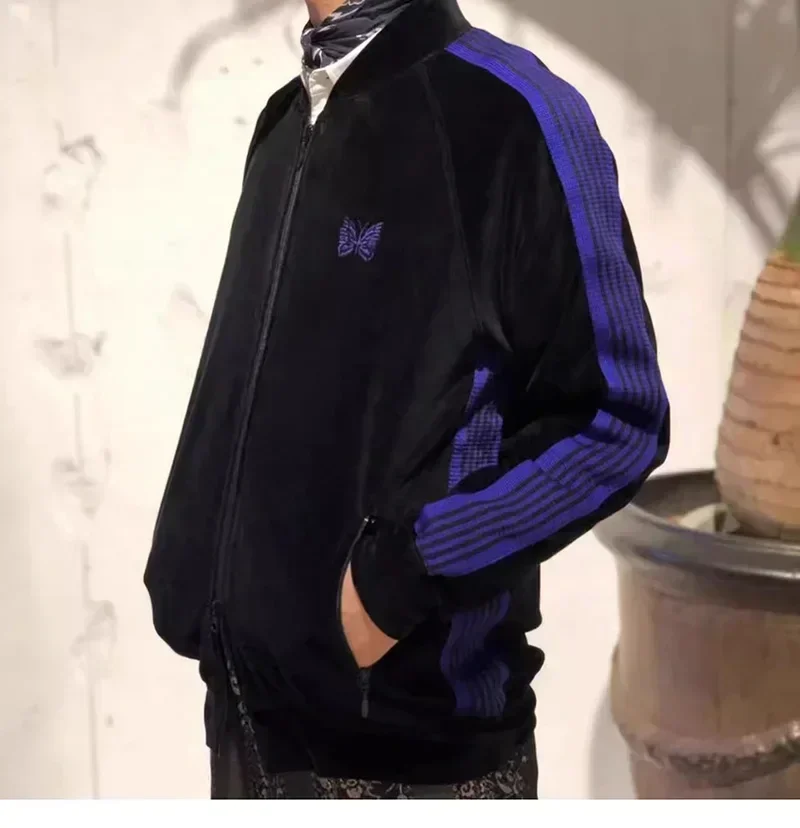 25ss Синие бархатные куртки AWGE Мужская женская куртка в полоску с вышивкой