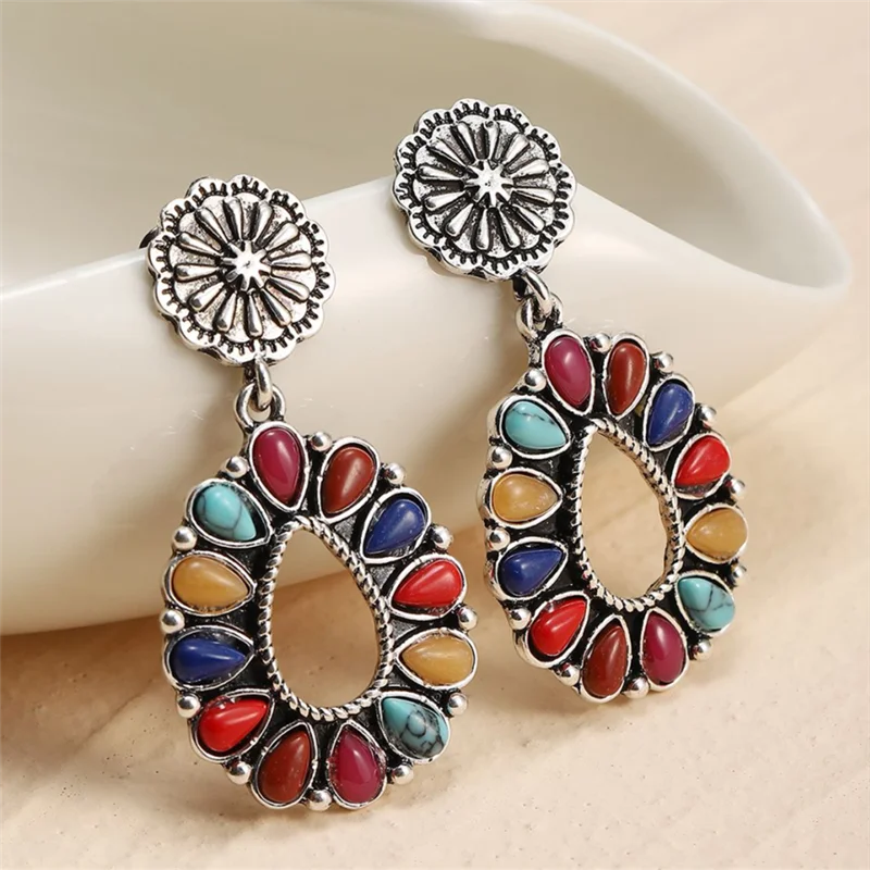 

Vintage Ethnic Tribal Multicolor Turquoise Water Drop Earrings For Women Indian Jewelry Retro Metal Dangle Earring Accessories