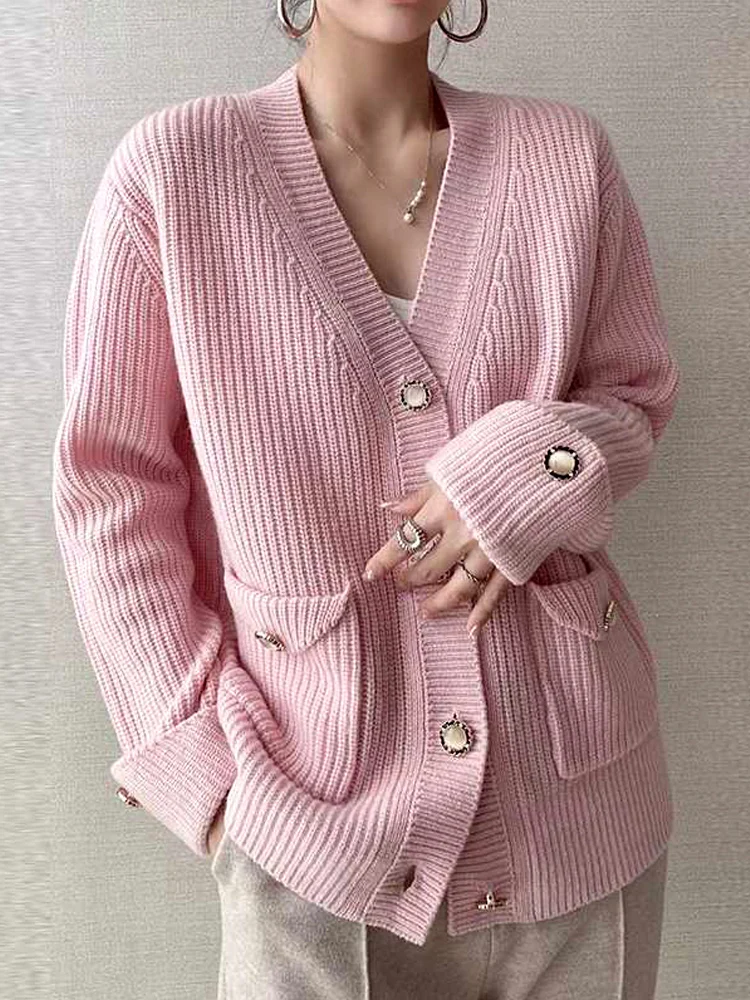 

Winter Clothes Elegant Pink Outerwears Knitted Knitwear Women Button Knitted V-neck Y2k Cardigans Sweater Korean Style 2023