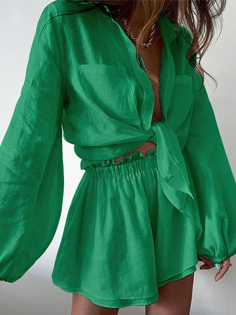 

Рубашка и шорты, комплект из двух предметов, лето 2023, женский костюм, Повседневная Свободная Женская одежда, комплекты топов с длинным рукав...