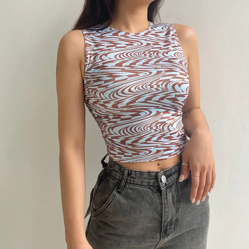 

2021 Summer Sexy Crop Top Y2k Green Brown Sleeveless Ripple Print Streetwear Club Outfits Tanks Sheath Sexy Summer Tops Women