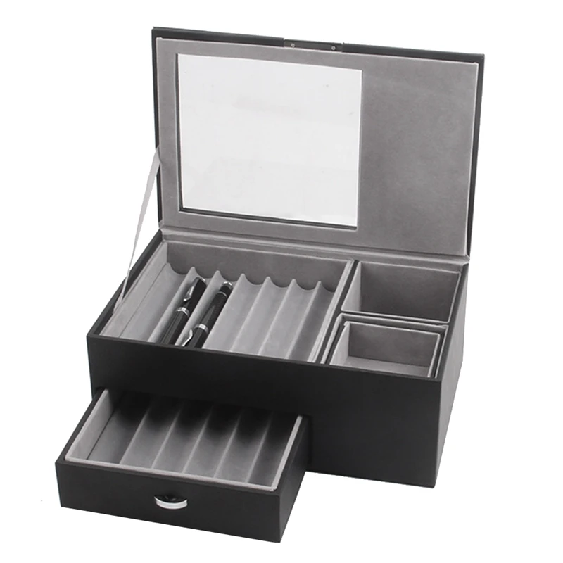 

13 Grid Wooden Pen Display Storage Box Luxury 2 Layer PU Pen Case Transparent Window Stationery Case Pen-Collection B